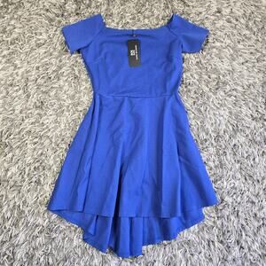 Sarin Mathews Dress Womens Large Royal Blue Off Shoulder High Low Skater Party